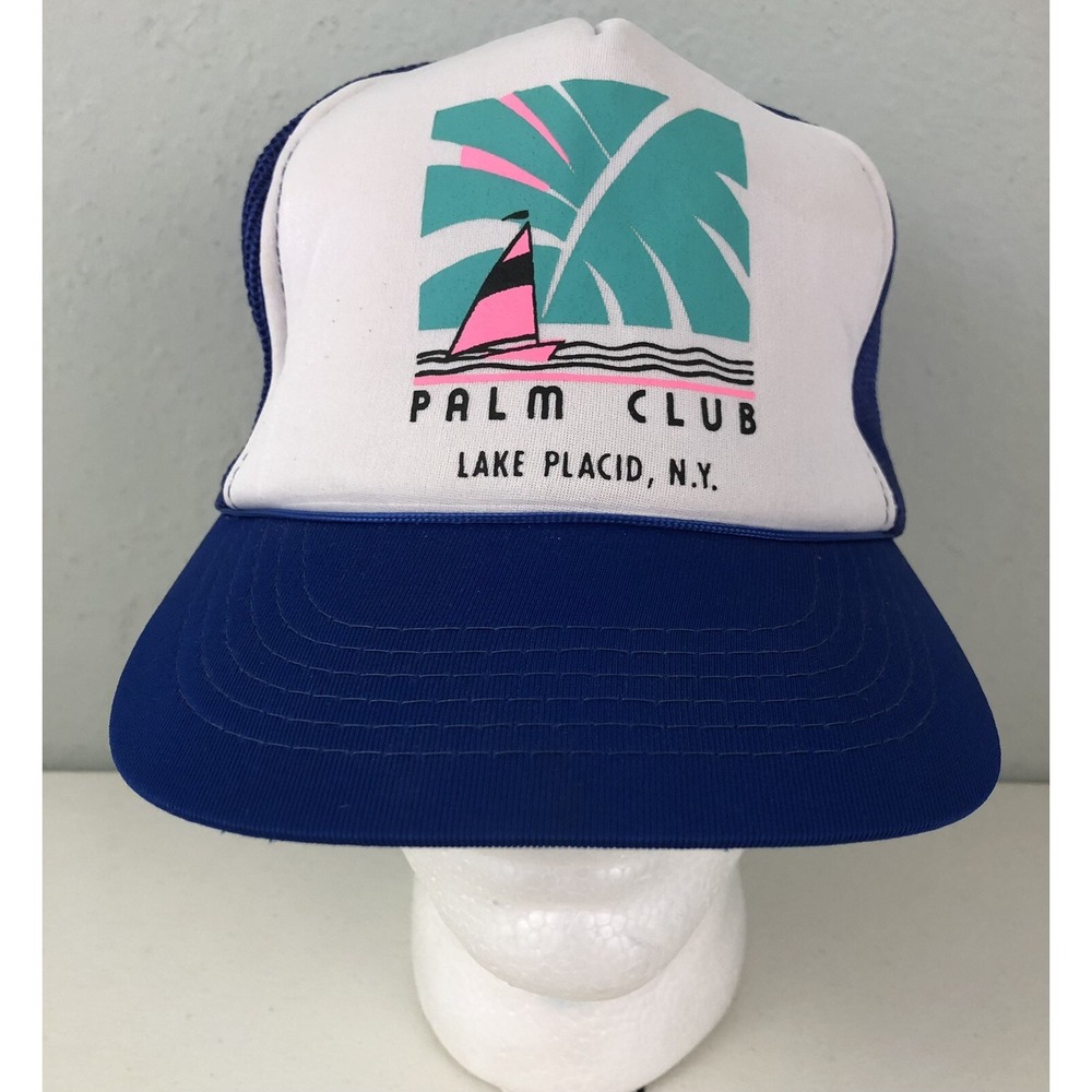 Palm Club Lake Placid NY Mesh Trucker Snapback Hat Blue White Vintage Style